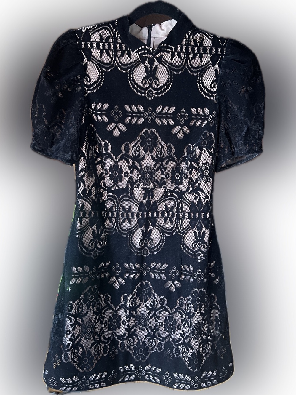 Goth Alice McCall Black Velvet Lace Mini Dress with Puff Sleeves XS